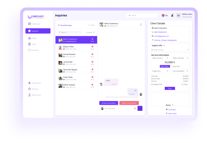 Dashboard showcasing incoming inquiries and bot functionalities